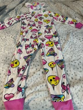 Girls' Unicorn & Emoji Fleece One-Piece Pajamas - White/Pink